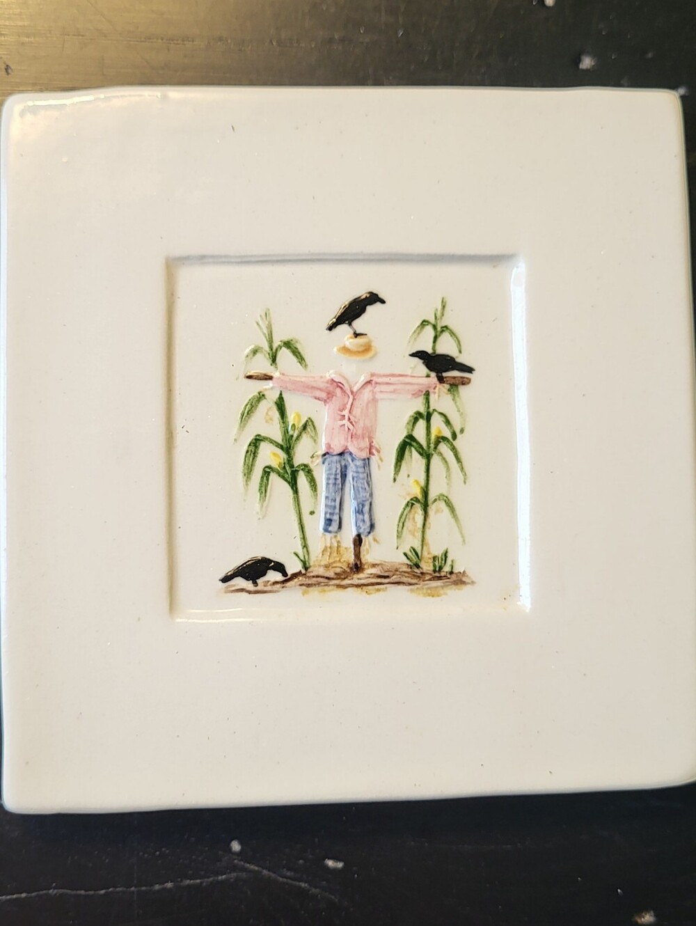 Handpainted 4"x4" Tile Farm Series Warwick Pottery Embossed Scarecrow Crows Corn